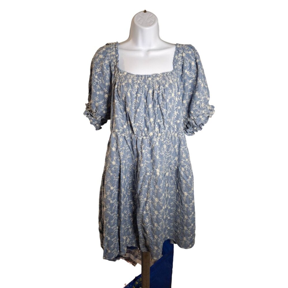 Old Navy Womens Peasant Tunic Dress Mini Blue Large Floral Embroidered Boho Chic